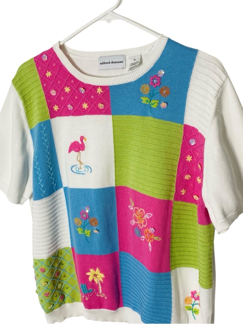 VINTAGE ALFRED DUNNER Patchwork Flamingo Floral Sweater - Picture 2 of 6